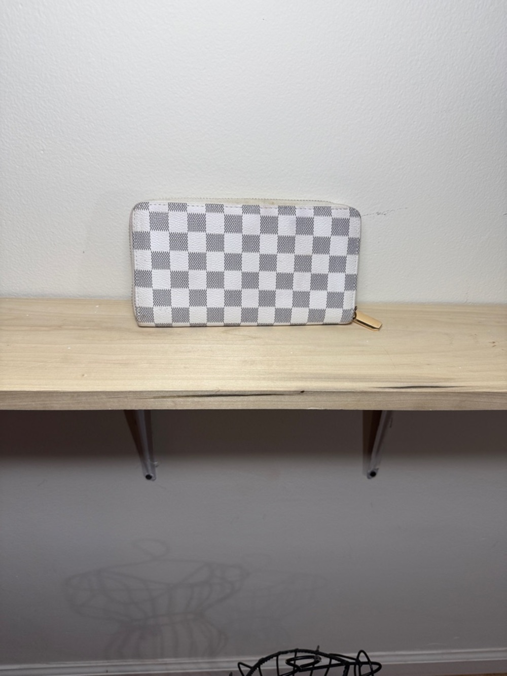 Checkerboard Zip Wallet in Light Gray and Cream